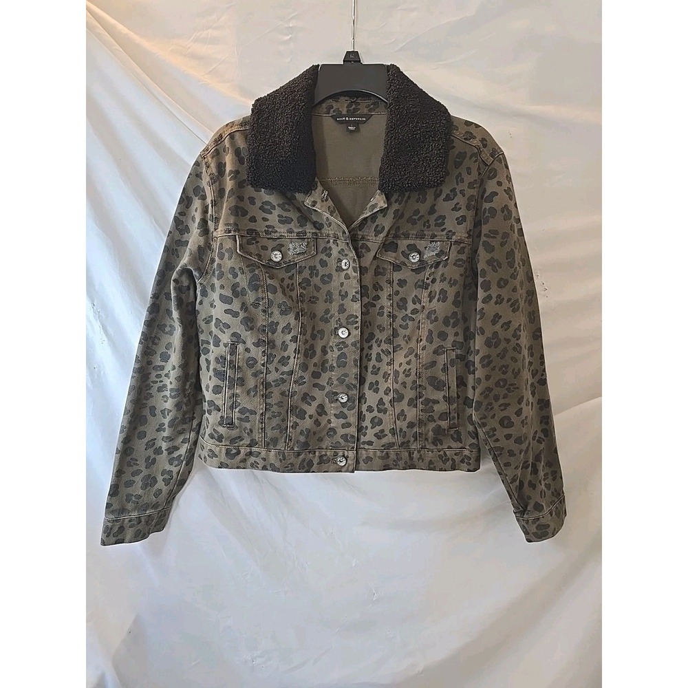 Rock & Republic Leopard Print Denim Jacket Removable Collar Distressed Y2K Sz L